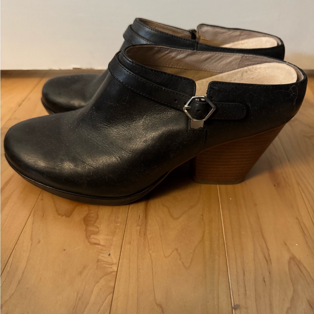 Dansko Black Leather Mules with Wooden Heel